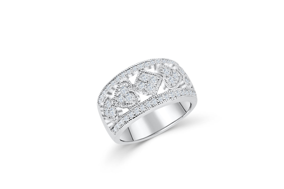 Milgrain Heart Diamond Anniversary Band 0.68 ct tw Round-cut 14K White Gold BAN040 - NorthandSouthJewelry